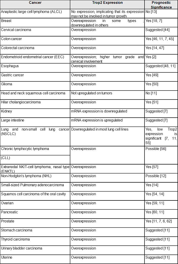 TROP 2在各个癌种中的表达情况及预后意义